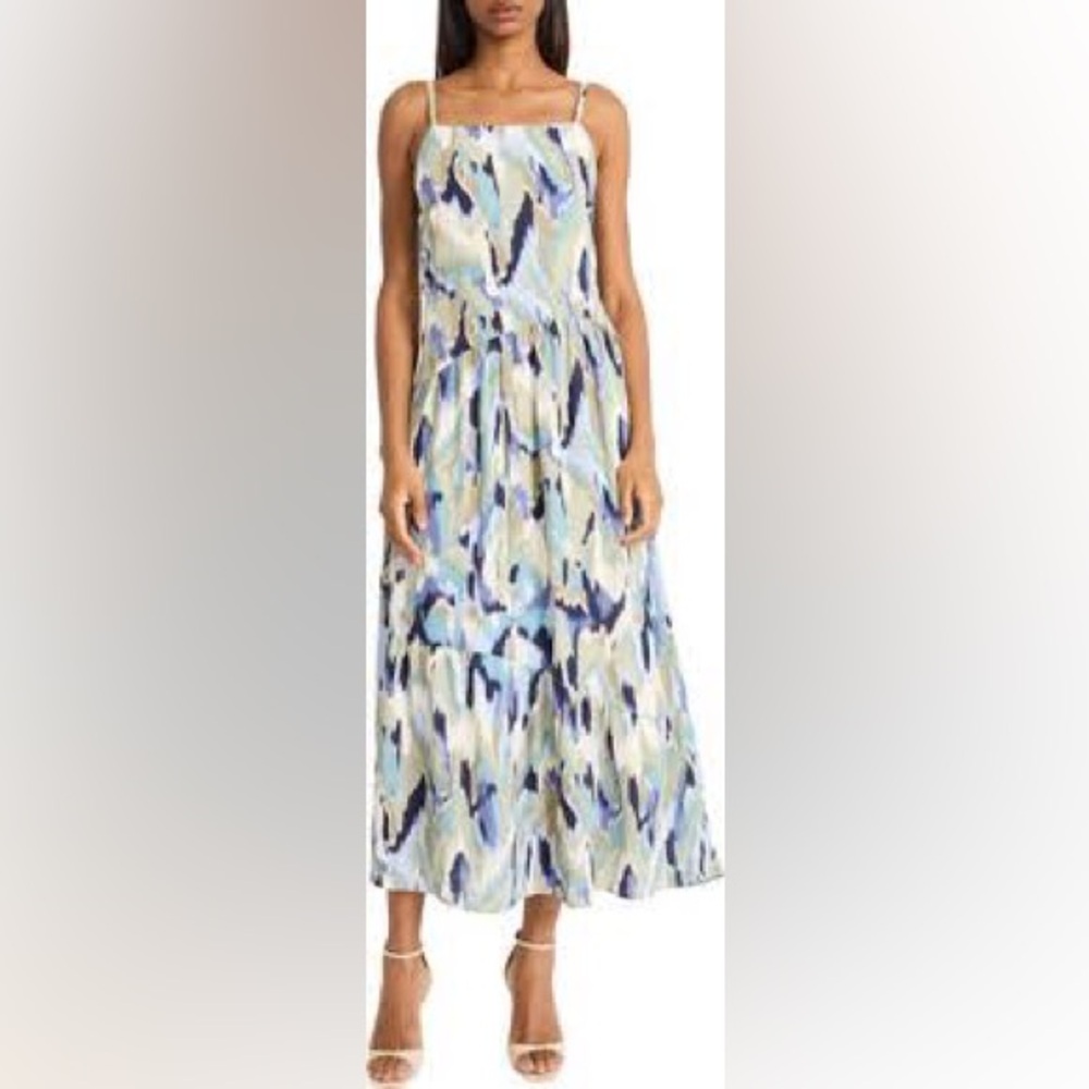 NWT Donna Morgan Tiered Maxi Dress Dusty Aqua Sage Square Neck 8